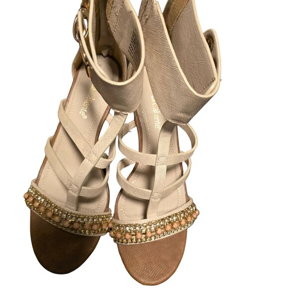 Torta Caliente Womens Strappy Beige Wedge Sandals Size 6.5M With Gold Embellishm - Picture 2 of 8